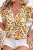 Green Floral Print Ruffled Sleeveless V Neck Tank Top