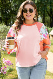 Orange Plus Size Floral Print Patchwork Raglan Half Sleeve Top