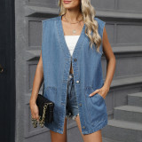 Denim Washed Sleeveless Jacket Vest