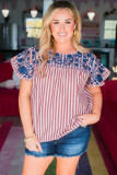 Red Stripe Plus Size Floral Embroidered Petal Sleeve Blouse