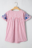 Red Stripe Plus Size Floral Embroidered Petal Sleeve Blouse