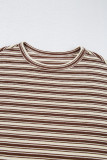 Brown Stripe Textured Side Slits Crew Neck T Shirt