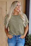 Brown Stripe Textured Side Slits Crew Neck T Shirt