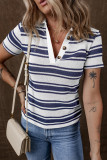 Dark Blue Stripe Collared Button V Neck Knitted T Shirt