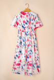 Rose Abstract Print Short Puff Sleeve Tiered Maxi Dress