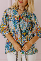 Multicolour Plus Size Floral Print Half Sleeve Slit Neck Blouse