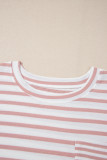 Pink Stripe Waffle Knit Pocketed Half Sleeve Plus Size T Shirt