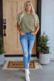 Brown Stripe Textured Side Slits Crew Neck T Shirt
