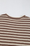 Brown Stripe Textured Side Slits Crew Neck T Shirt
