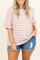 Pink Stripe Waffle Knit Pocketed Half Sleeve Plus Size T Shirt