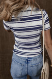 Dark Blue Stripe Collared Button V Neck Knitted T Shirt