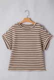 Brown Stripe Textured Side Slits Crew Neck T Shirt