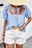 Sky Blue Floral Embroidered Puff Sleeve Notched V Neck Blouse