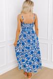 Blue Floral Printed Spaghetti Strap Maxi Dress with Waist Tie