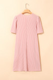 Blossom Corded Knit Crew Neck Puff Sleeve Shift Mini Dress