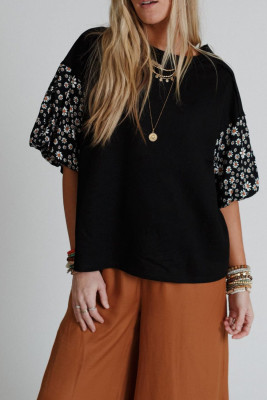 Black Contrast Floral Puff Sleeve Oversized Top