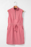 Mineral Red French Terry Zipped Collar Sleeveless Drawstring Waist Mini Dress