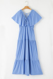 Sky Blue Textured V Neck Flutter Sleeve Ruffled Maxi Dress