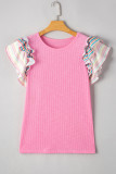 Bonbon Striped Ruffle Flutter Sleeve Ribbed Blouse