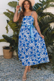 Blue Floral Printed Spaghetti Strap Maxi Dress with Waist Tie