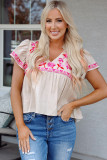 Beige Floral Embroidered Short Sleeve Notched V Neck Blouse