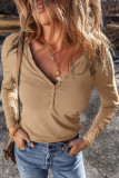 Pale Khaki Long Sleeve Buttons V Neck Slim Fit Top