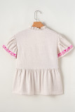 Beige Floral Embroidered Short Sleeve Notched V Neck Blouse