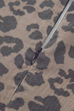 Brown Denim Leopard Printed Short Puff Sleeve Mini Dress