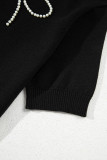 Black Pearl Bow Necklace Embellished Short Sleeve Knitted T Shirt