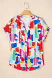 Colorful Brush Stroke Printed Plus Size Button Split Neck Blouse