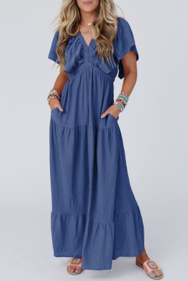 Navy Blue Textured V Neck Flutter Sleeve Ruffled Maxi Dress