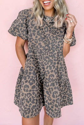 Brown Denim Leopard Printed Short Puff Sleeve Mini Dress
