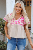 Beige Floral Embroidered Short Sleeve Notched V Neck Blouse