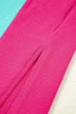 Rose Red Color Block Ruffled Crew Neck Loose Fit T Shirt