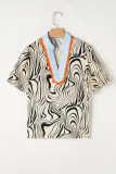 White Zebra Stripe Print Contrast V-Neck Ricrac Detail Short Sleeve Blouse Top