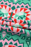 Mint Green Geometric Butterfly Print Split Neck Short Sleeve Dress