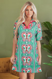 Mint Green Geometric Butterfly Print Split Neck Short Sleeve Dress
