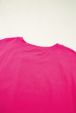 Rose Red Color Block Ruffled Crew Neck Loose Fit T Shirt