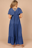 Navy Blue Textured V Neck Flutter Sleeve Ruffled Maxi Dress