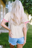 Beige Floral Embroidered Short Sleeve Notched V Neck Blouse