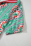 Mint Green Geometric Butterfly Print Split Neck Short Sleeve Dress