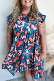 Blue Abstract Print Shirred Ruffled Short Sleeve Tiered Plus Size Mini Dress