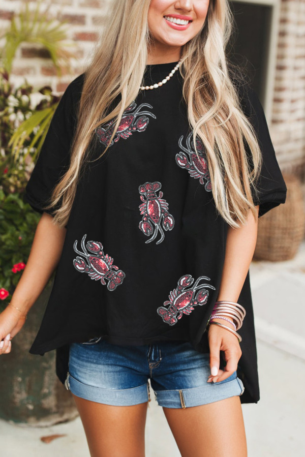 Black Sequin Crawfish Graphic High Low Loose T Shirt