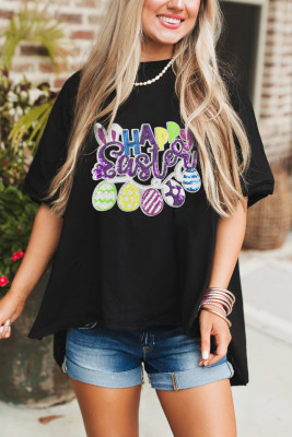 Black Happy Easter Sequin Graphic Dropped Shoulder T Shirt