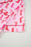 Pink Western Cowgirl Boots Printed Shirt Ruffled Shorts Pajama Set