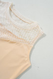 Oatmeal Solid Mesh Patchwork Crew Neck Tank Top
