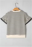 Black Stripe Scallop Lace Trim Ruffle Short Sleeves Crewneck Top