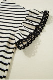 Black Stripe Scallop Lace Trim Ruffle Short Sleeves Crewneck Top