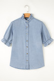 Beau Blue Ruffle Short Puff Sleeve Summer Chambray Shirt