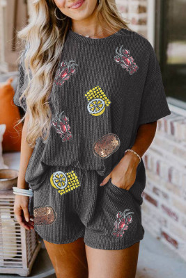 Carbon Grey Sequin Crawfish Food Print Textured Tee and Short Set